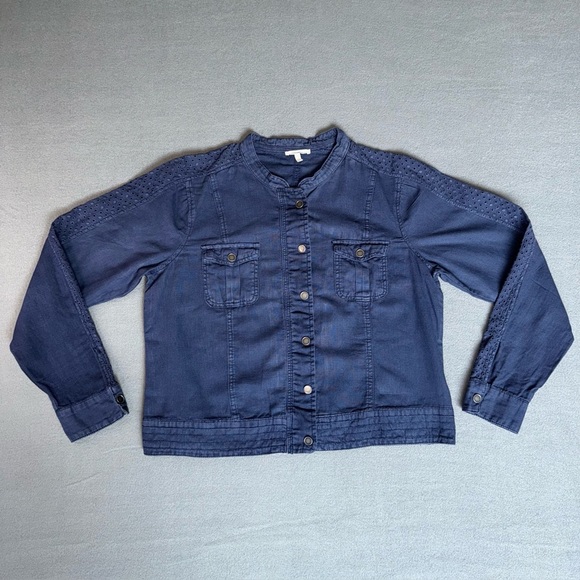 Maurice’s linen cotton blend women’s Navy Button-Up Jacket eyelet lace detail - Picture 1 of 15